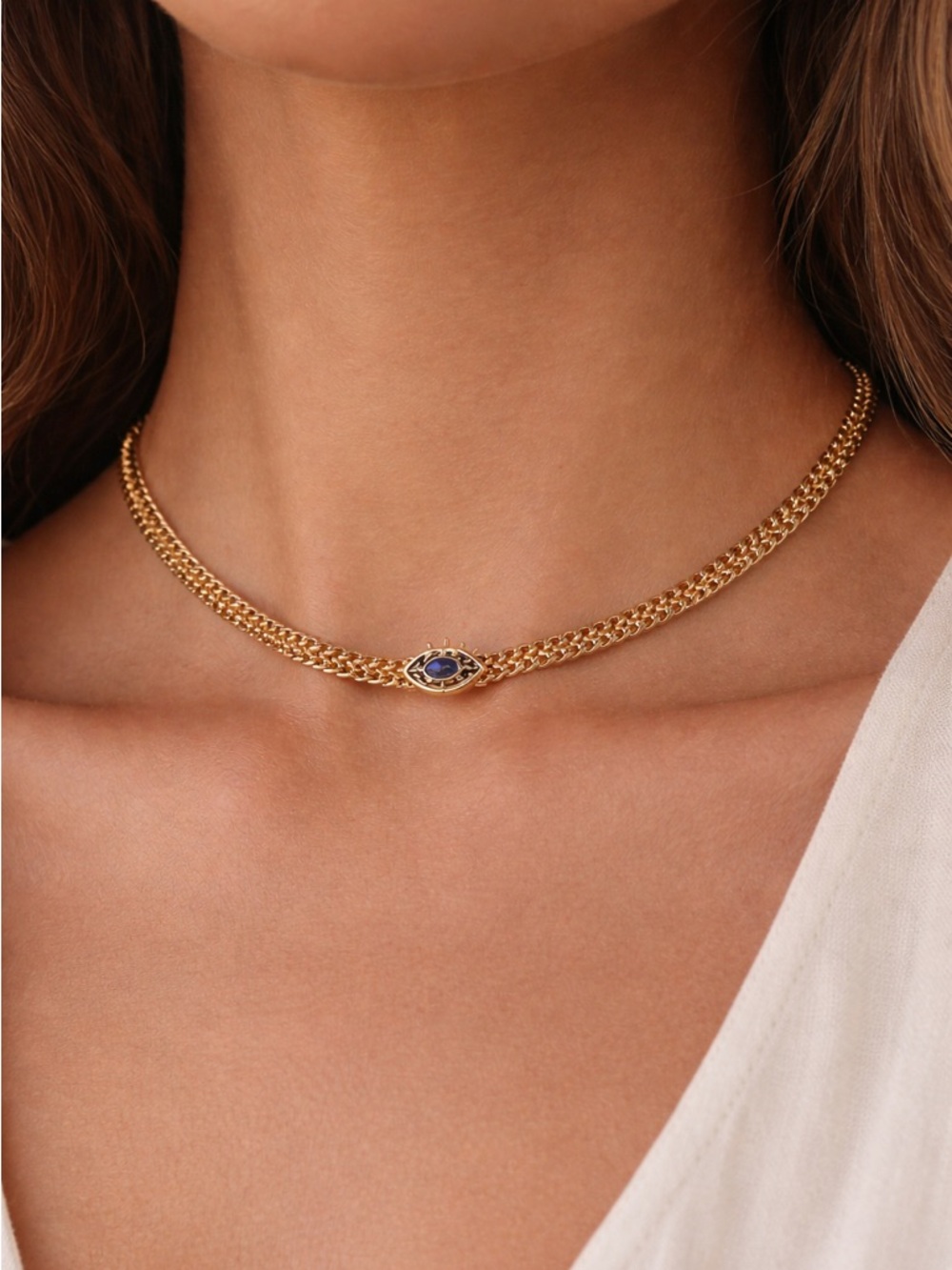 Sorel Gold Chain Choker with Blue Eye Charm